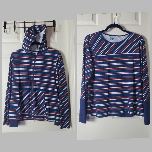 Lands End 2 Piece Set Stripe Full Zip Swim Hoodie & Shirt Rash Gard UPF 50 Large